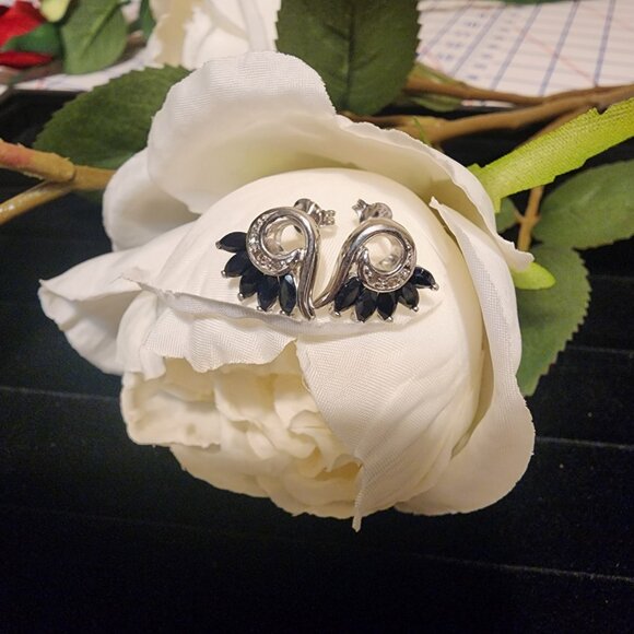 Sapphire & Diamond Petal Earrings, White Gold Rhodium over Sterling Silver - Picture 3 of 8